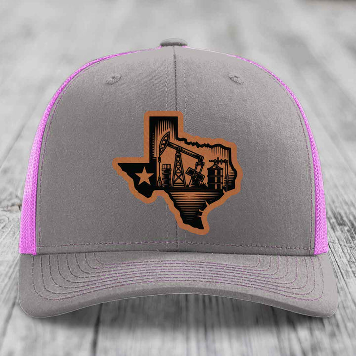Texas Oilfield - Leather Patch Hat - Rawhide to Black Patch - Richardson 112 Snapback Trucker Hat