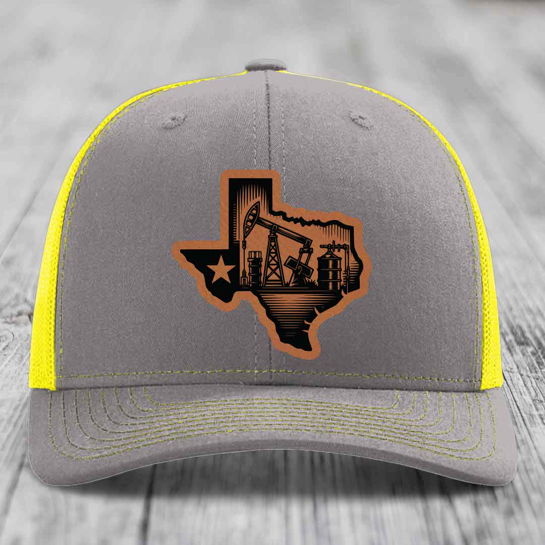Texas Oilfield - Leather Patch Hat - Rawhide to Black Patch - Richardson 112 Snapback Trucker Hat