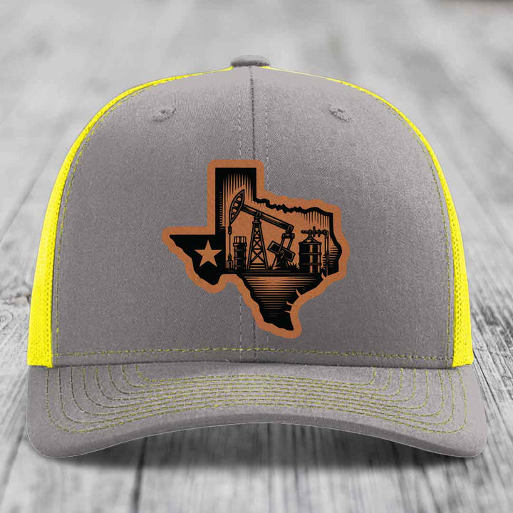 Texas Oilfield - Leather Patch Hat - Rawhide to Black Patch - Richardson 112 Snapback Trucker Hat