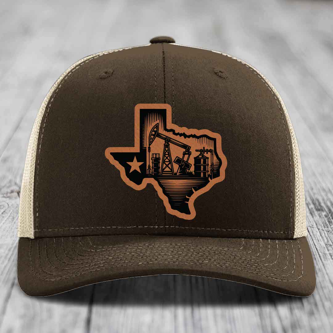 Texas Oilfield - Leather Patch Hat - Rawhide to Black Patch - Richardson 112 Snapback Trucker Hat