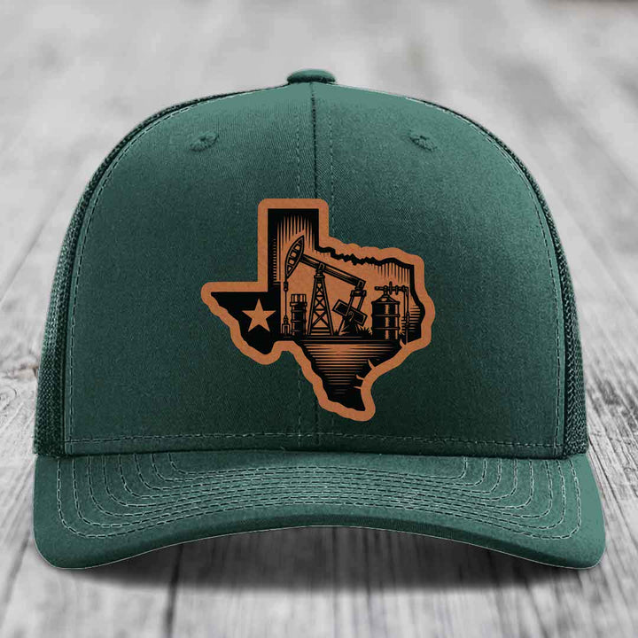 Texas Oilfield - Leather Patch Hat - Rawhide to Black Patch - Richardson 112 Snapback Trucker Hat