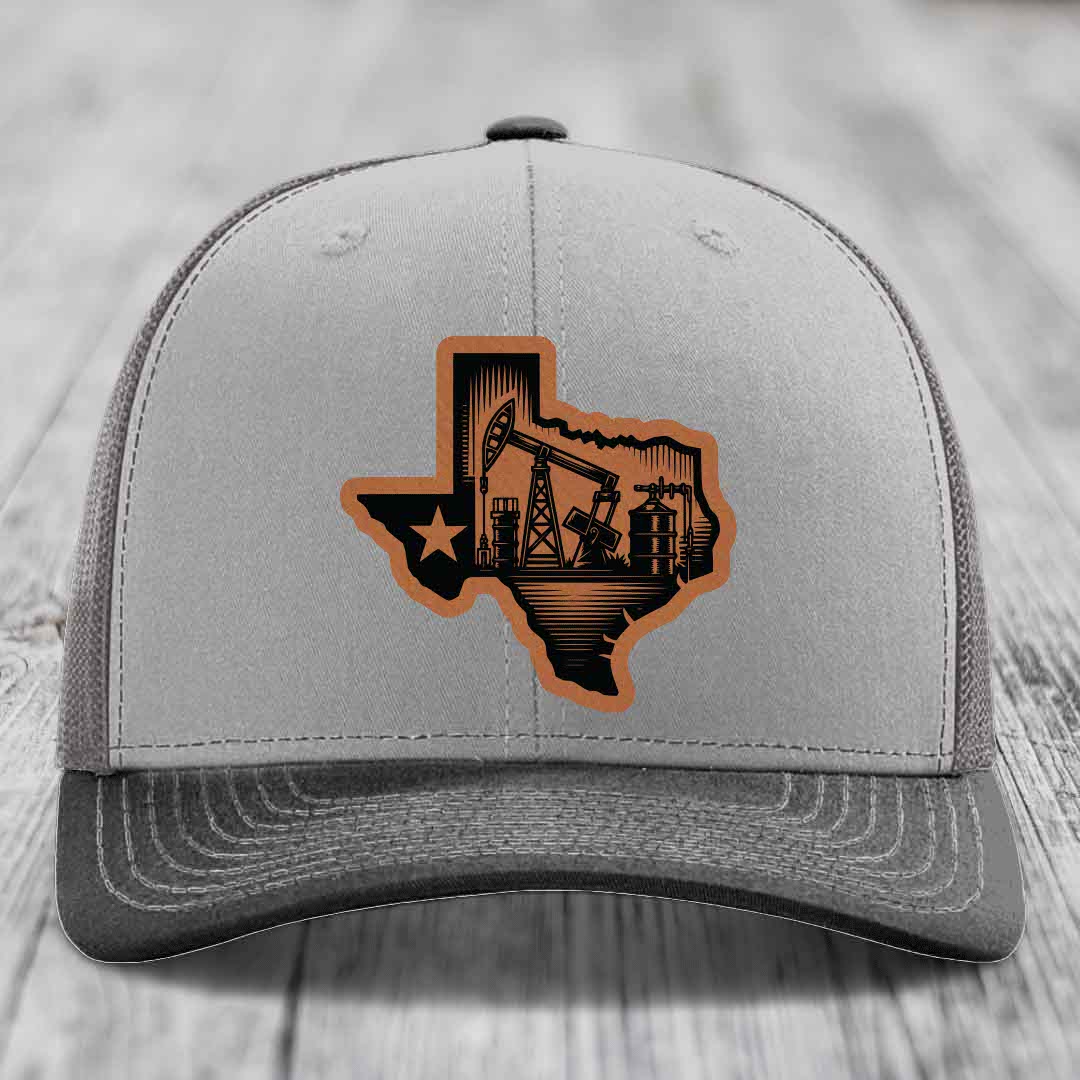 Texas Oilfield - Leather Patch Hat - Rawhide to Black Patch - Richardson 112 Snapback Trucker Hat