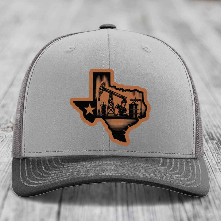 Texas Oilfield - Leather Patch Hat - Rawhide to Black Patch - Richardson 112 Snapback Trucker Hat