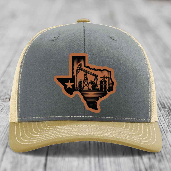 Texas Oilfield - Leather Patch Hat - Rawhide to Black Patch - Richardson 112 Snapback Trucker Hat