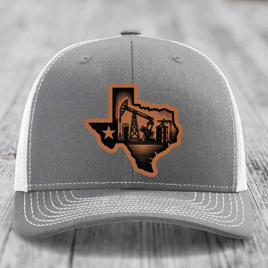 Texas Oilfield - Leather Patch Hat - Rawhide to Black Patch - Richardson 112 Snapback Trucker Hat