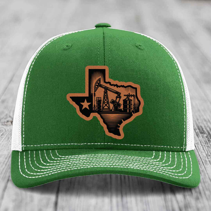 Texas Oilfield - Leather Patch Hat - Rawhide to Black Patch - Richardson 112 Snapback Trucker Hat