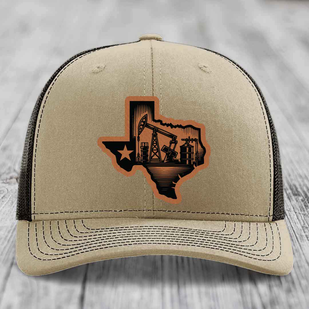 Texas Oilfield - Leather Patch Hat - Rawhide to Black Patch - Richardson 112 Snapback Trucker Hat