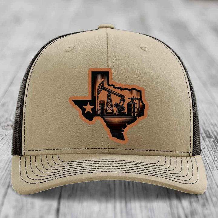 Texas Oilfield - Leather Patch Hat - Rawhide to Black Patch - Richardson 112 Snapback Trucker Hat