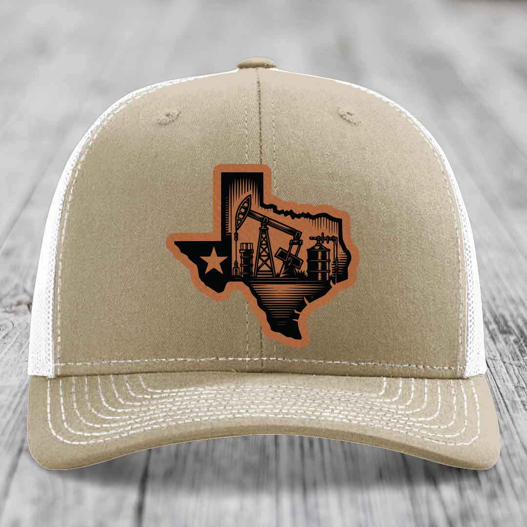 Texas Oilfield - Leather Patch Hat - Rawhide to Black Patch - Richardson 112 Snapback Trucker Hat