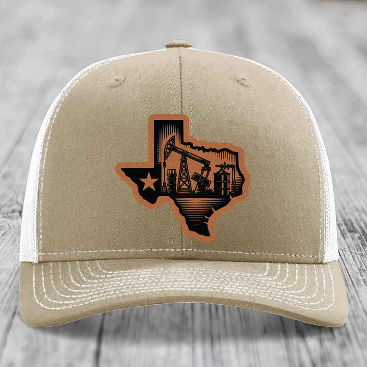 Texas Oilfield - Leather Patch Hat - Rawhide to Black Patch - Richardson 112 Snapback Trucker Hat