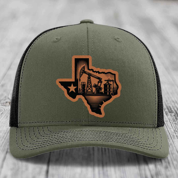 Texas Oilfield - Leather Patch Hat - Rawhide to Black Patch - Richardson 112 Snapback Trucker Hat