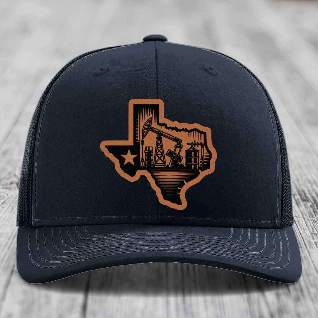 Texas Oilfield - Leather Patch Hat - Rawhide to Black Patch - Richardson 112 Snapback Trucker Hat