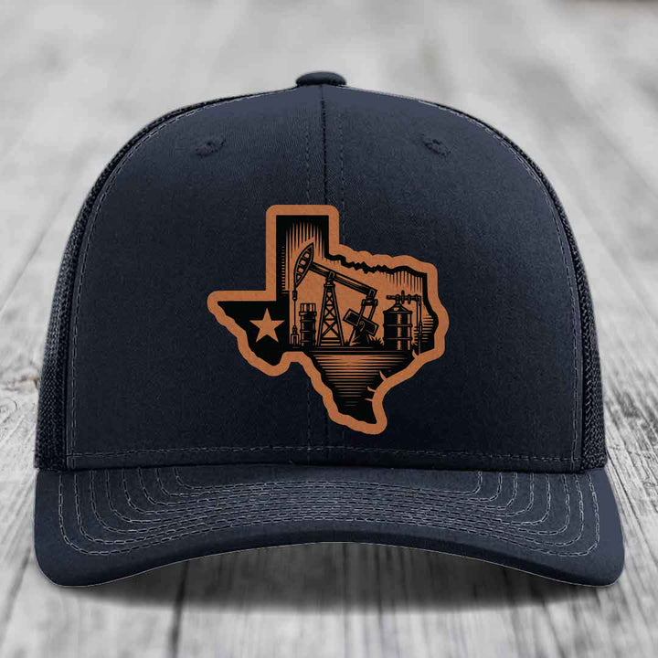 Texas Oilfield - Leather Patch Hat - Rawhide to Black Patch - Richardson 112 Snapback Trucker Hat