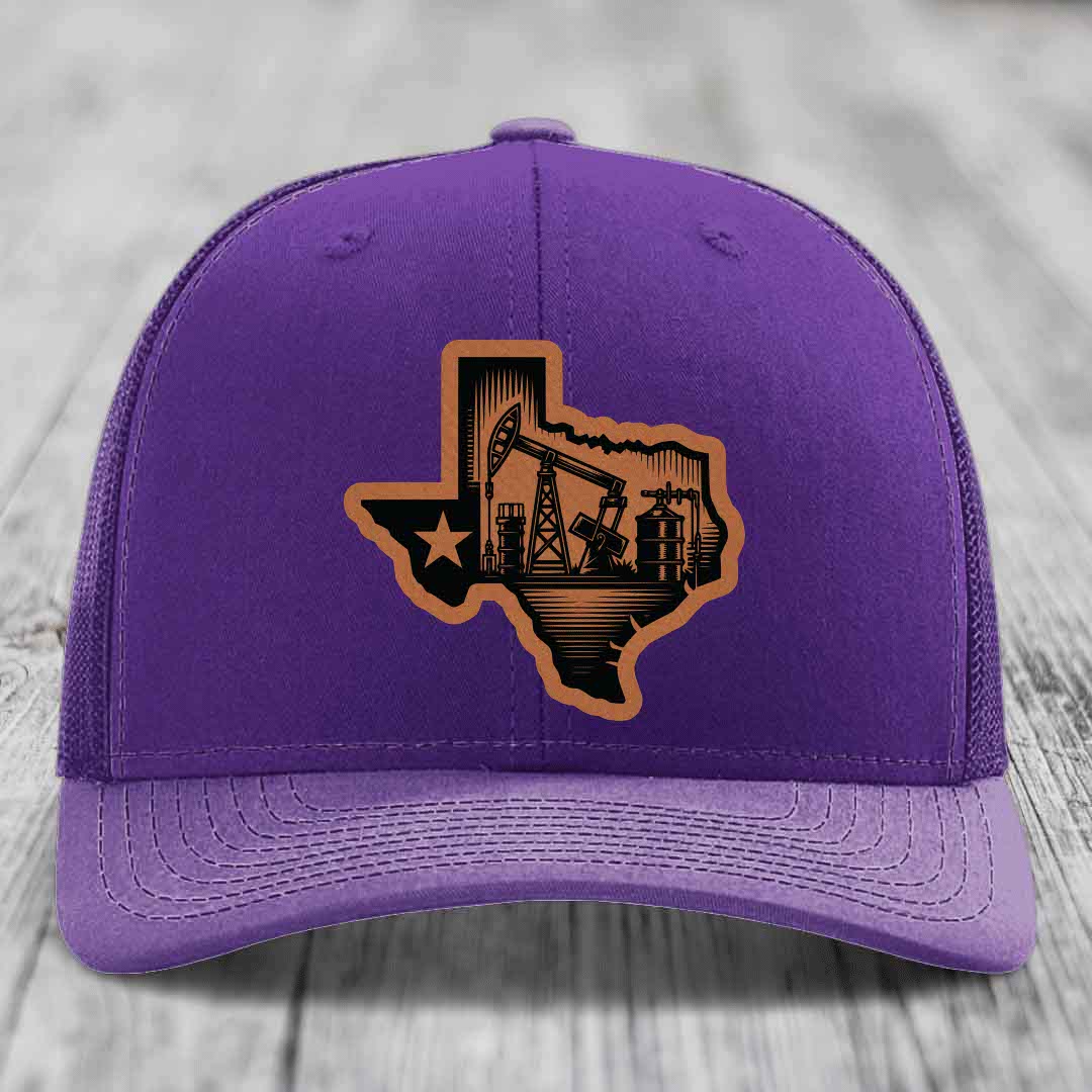 Texas Oilfield - Leather Patch Hat - Rawhide to Black Patch - Richardson 112 Snapback Trucker Hat
