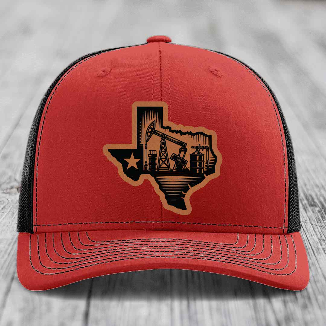 Texas Oilfield - Leather Patch Hat - Rawhide to Black Patch - Richardson 112 Snapback Trucker Hat