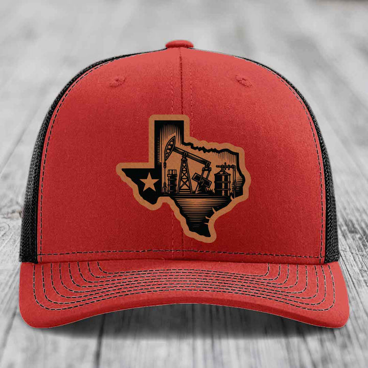 Texas Oilfield - Leather Patch Hat - Rawhide to Black Patch - Richardson 112 Snapback Trucker Hat