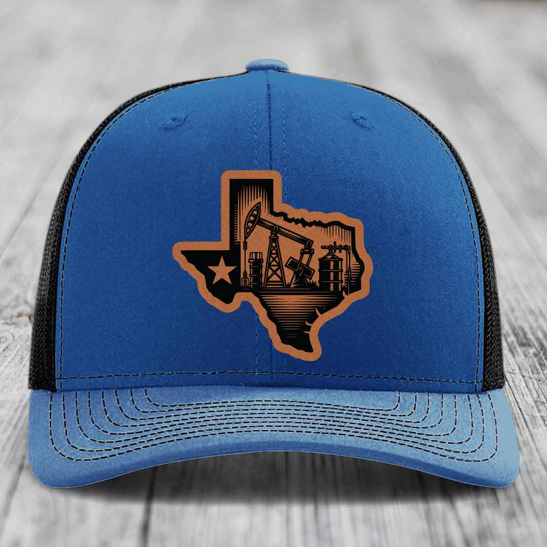Texas Oilfield - Leather Patch Hat - Rawhide to Black Patch - Richardson 112 Snapback Trucker Hat