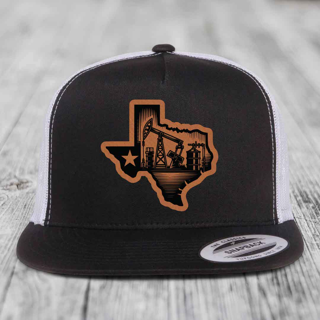 Texas Oilfield - Leather Patch Hat - Rawhide to Black Patch - Yupoong 6006 Snapback Flatbill Hat