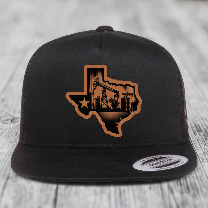 Texas Oilfield - Leather Patch Hat - Rawhide to Black Patch - Yupoong 6006 Snapback Flatbill Hat
