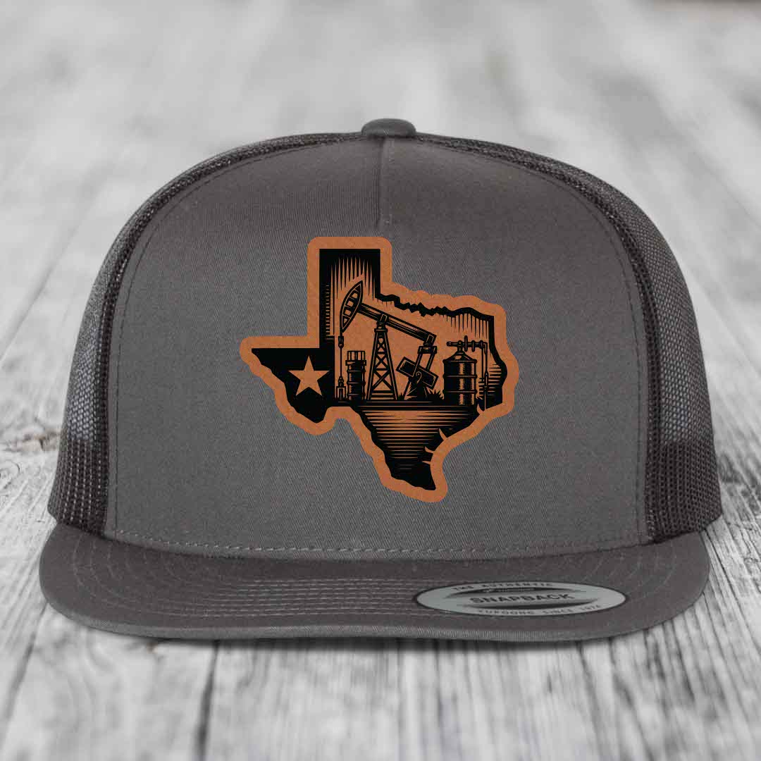 Texas Oilfield - Leather Patch Hat - Rawhide to Black Patch - Yupoong 6006 Snapback Flatbill Hat