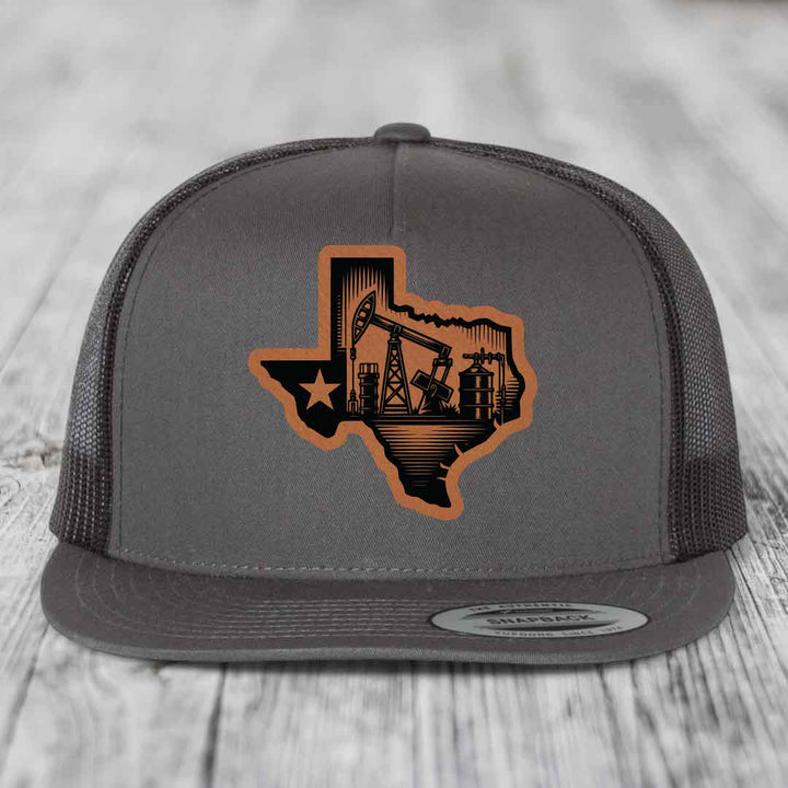 Texas Oilfield - Leather Patch Hat - Rawhide to Black Patch - Yupoong 6006 Snapback Flatbill Hat