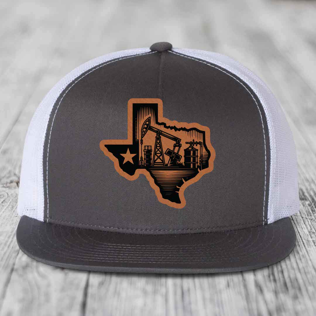 Texas Oilfield - Leather Patch Hat - Rawhide to Black Patch - Yupoong 6006 Snapback Flatbill Hat