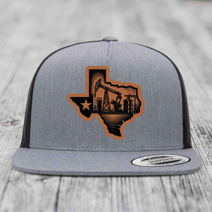 Texas Oilfield - Leather Patch Hat - Rawhide to Black Patch - Yupoong 6006 Snapback Flatbill Hat