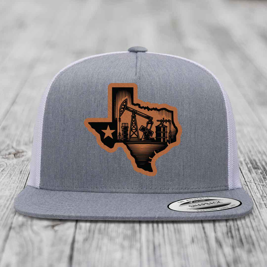 Texas Oilfield - Leather Patch Hat - Rawhide to Black Patch - Yupoong 6006 Snapback Flatbill Hat