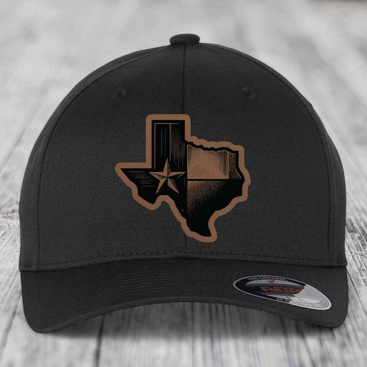Texas Shaped Flag - Leather Patch Hat - Dark Brown to Black Patch - Flexfit 6277 Fitted Hat
