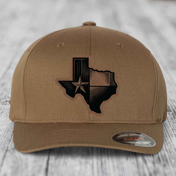 Texas Shaped Flag - Leather Patch Hat - Dark Brown to Black Patch - Flexfit 6277 Fitted Hat