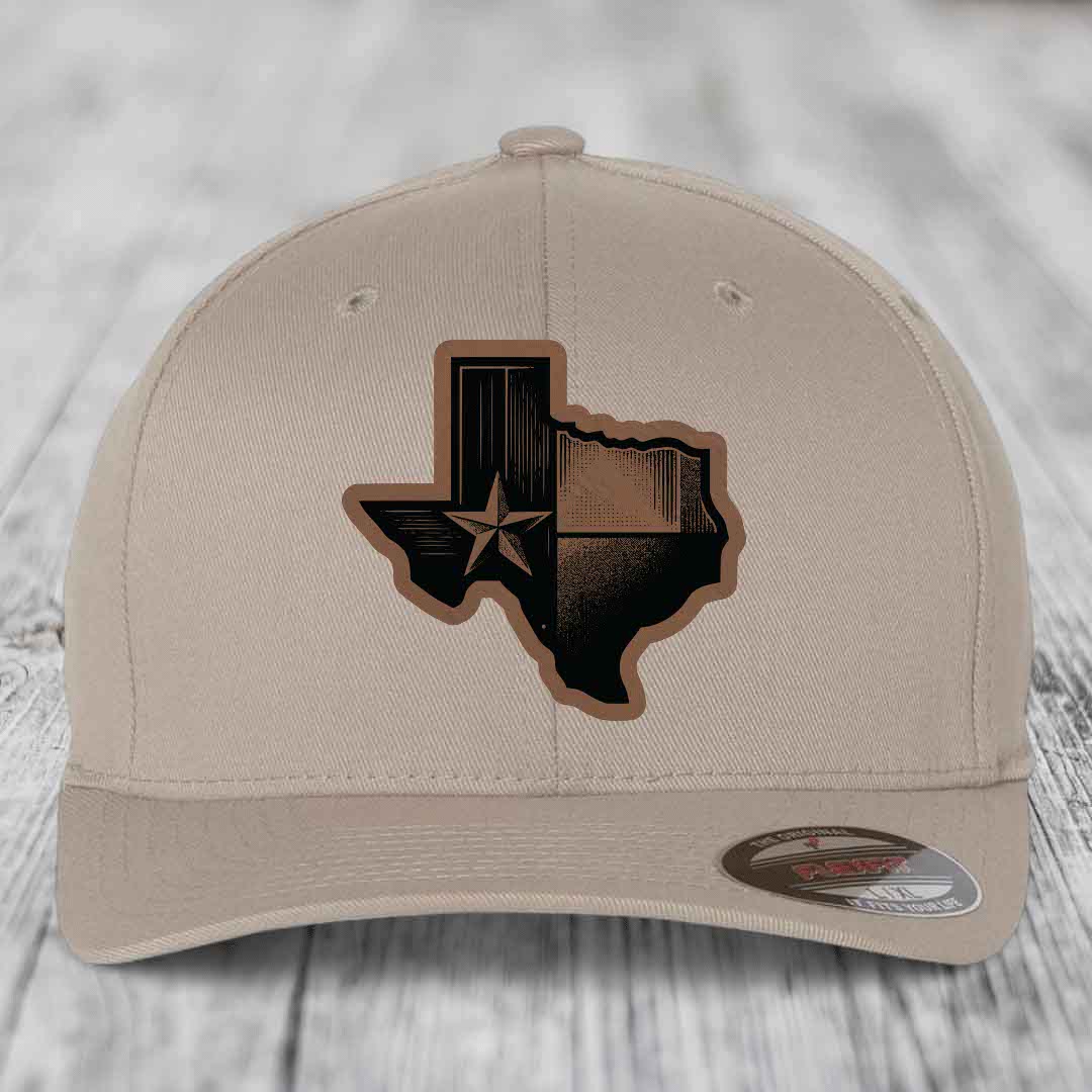 Texas Shaped Flag - Leather Patch Hat - Dark Brown to Black Patch - Flexfit 6277 Fitted Hat