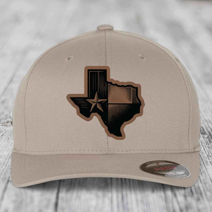 Texas Shaped Flag - Leather Patch Hat - Dark Brown to Black Patch - Flexfit 6277 Fitted Hat