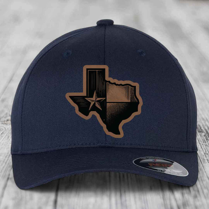 Texas Shaped Flag - Leather Patch Hat - Dark Brown to Black Patch - Flexfit 6277 Fitted Hat