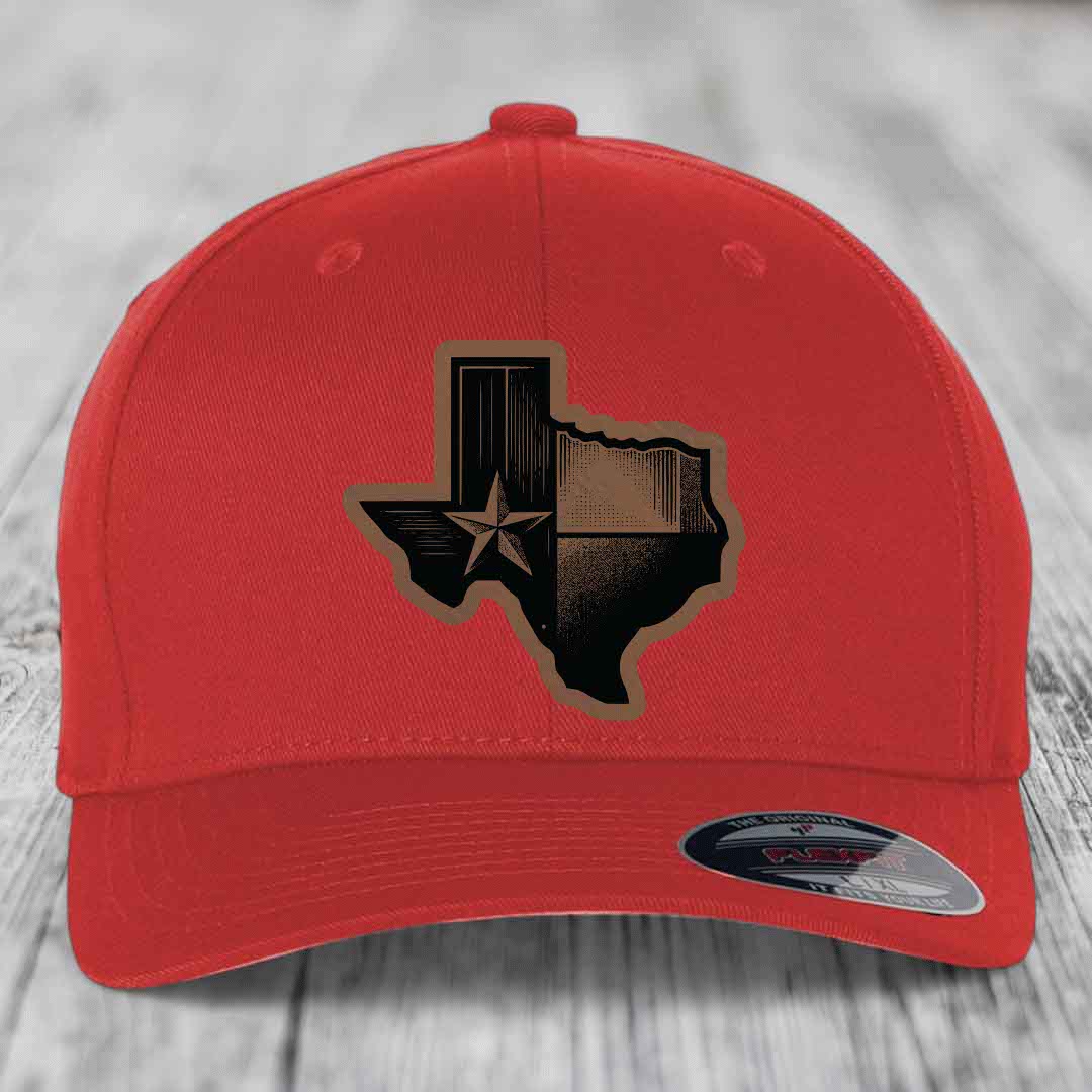 Texas Shaped Flag - Leather Patch Hat - Dark Brown to Black Patch - Flexfit 6277 Fitted Hat