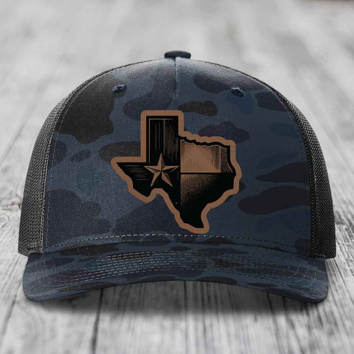 Texas Shaped Flag - Leather Patch Hat - Dark Brown to Black Patch - Richardson 112PFP Snapback Trucker Hat