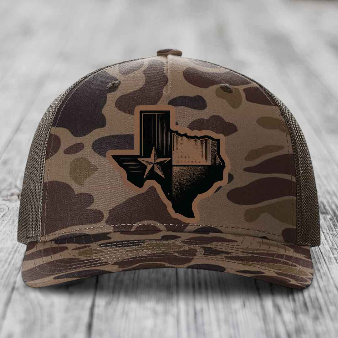 Texas Shaped Flag - Leather Patch Hat - Dark Brown to Black Patch - Richardson 112PFP Snapback Trucker Hat