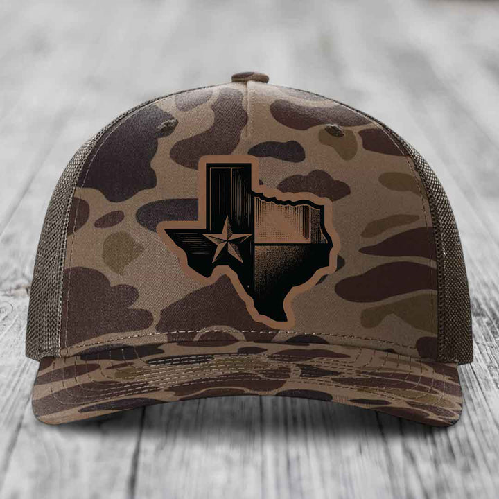 Texas Shaped Flag - Leather Patch Hat - Dark Brown to Black Patch - Richardson 112PFP Snapback Trucker Hat