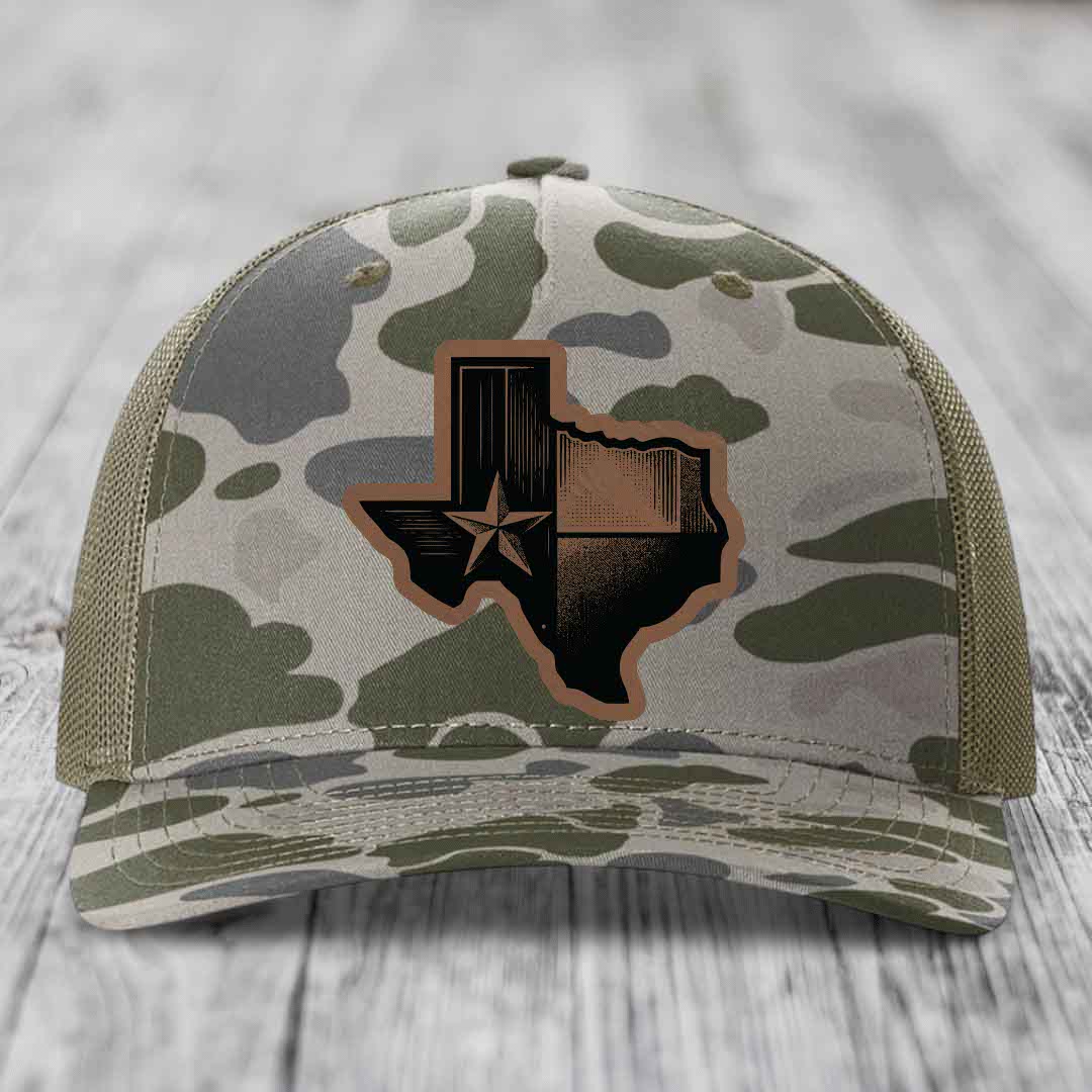 Texas Shaped Flag - Leather Patch Hat - Dark Brown to Black Patch - Richardson 112PFP Snapback Trucker Hat