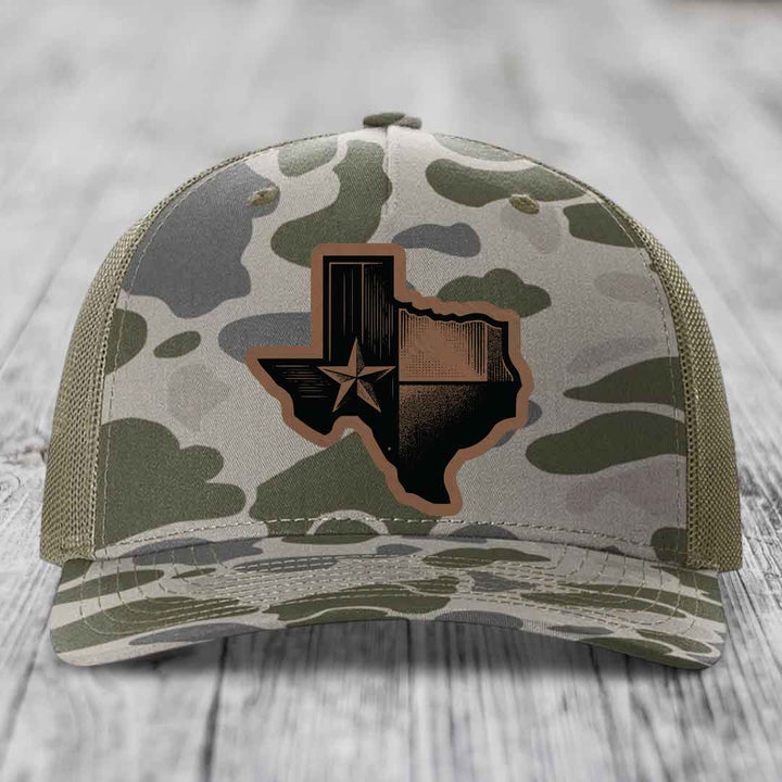 Texas Shaped Flag - Leather Patch Hat - Dark Brown to Black Patch - Richardson 112PFP Snapback Trucker Hat