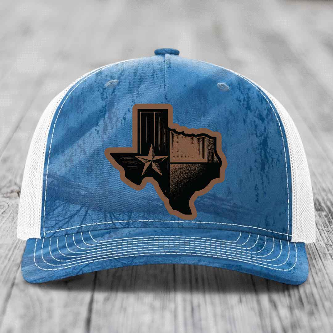 Texas Shaped Flag - Leather Patch Hat - Dark Brown to Black Patch - Richardson 112PFP Snapback Trucker Hat