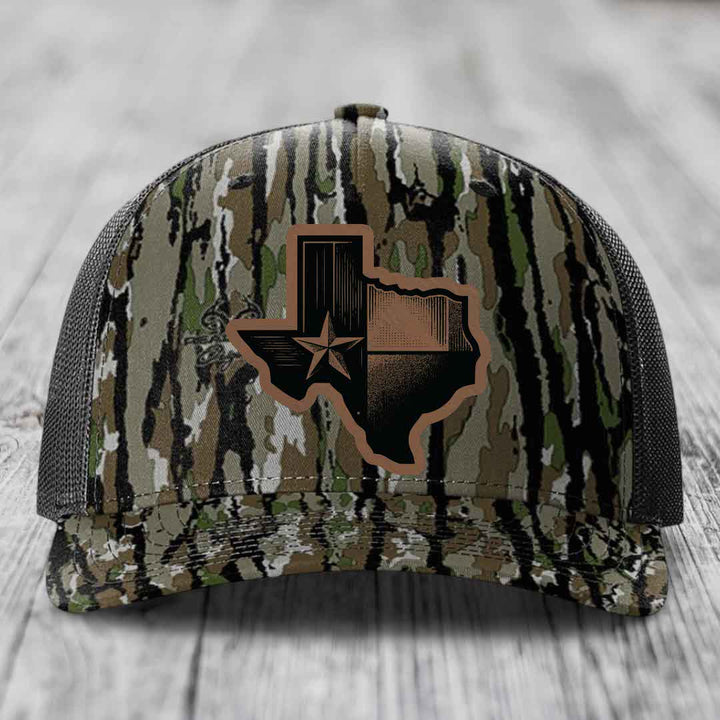 Texas Shaped Flag - Leather Patch Hat - Dark Brown to Black Patch - Richardson 112PFP Snapback Trucker Hat