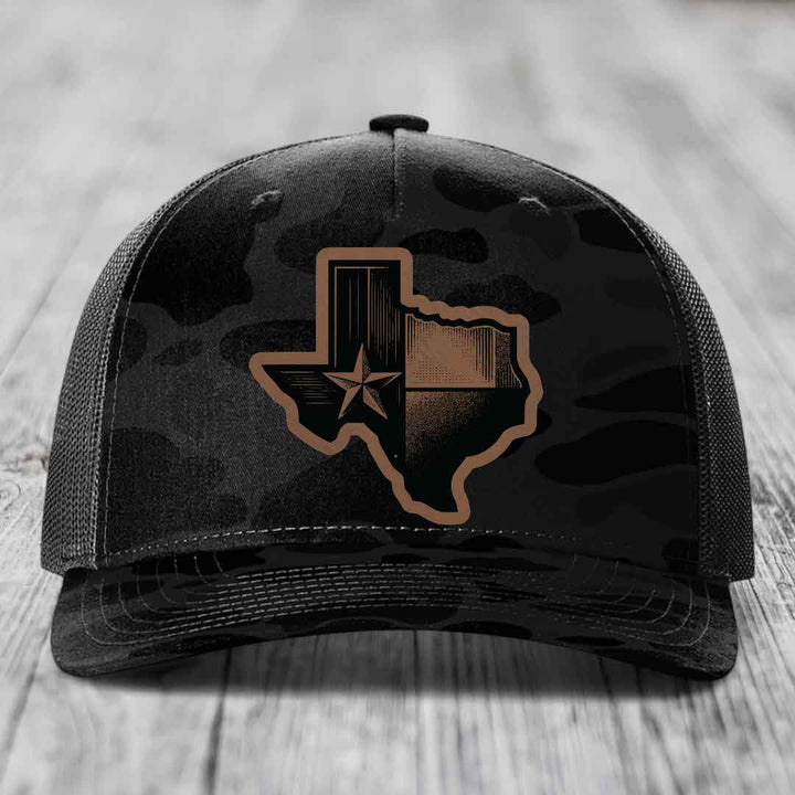 Texas Shaped Flag - Leather Patch Hat - Dark Brown to Black Patch - Richardson 112PFP Snapback Trucker Hat