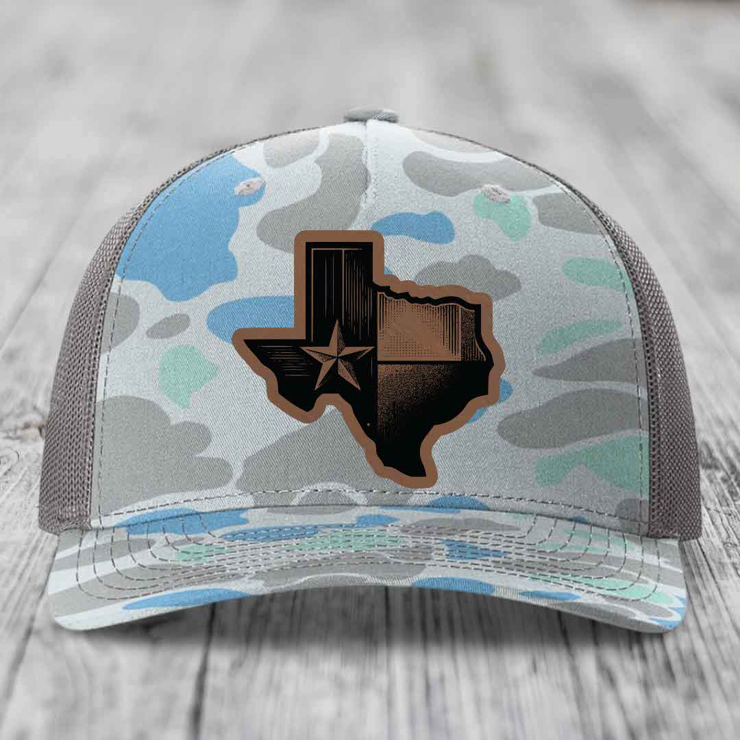 Texas Shaped Flag - Leather Patch Hat - Dark Brown to Black Patch - Richardson 112PFP Snapback Trucker Hat