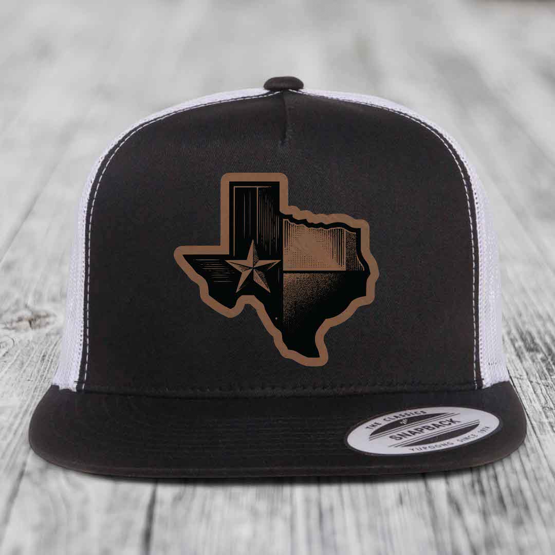 Texas Shaped Flag - Leather Patch Hat - Dark Brown to Black Patch - Yupoong 6006 Snapback Flatbill Hat