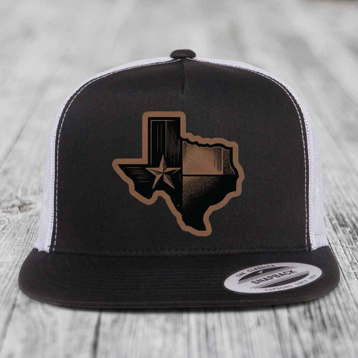 Texas Shaped Flag - Leather Patch Hat - Dark Brown to Black Patch - Yupoong 6006 Snapback Flatbill Hat
