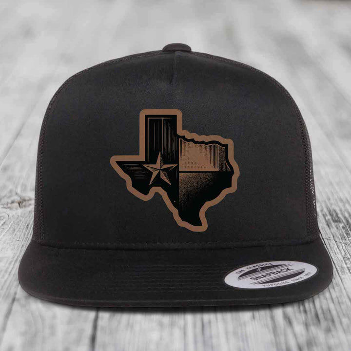 Texas Shaped Flag - Leather Patch Hat - Dark Brown to Black Patch - Yupoong 6006 Snapback Flatbill Hat