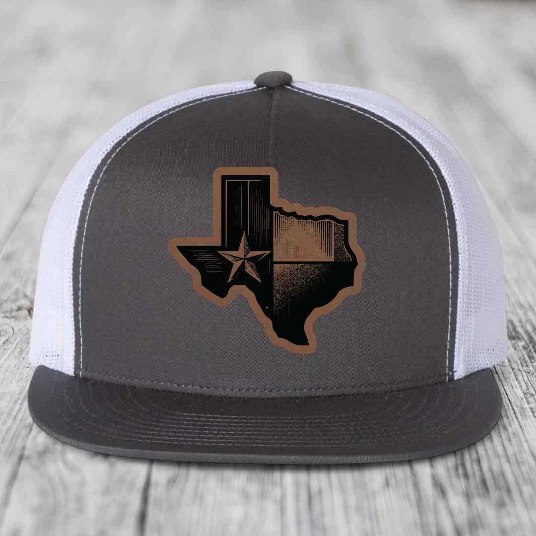 Texas Shaped Flag - Leather Patch Hat - Dark Brown to Black Patch - Yupoong 6006 Snapback Flatbill Hat