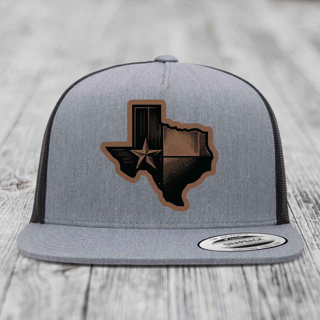 Texas Shaped Flag - Leather Patch Hat - Dark Brown to Black Patch - Yupoong 6006 Snapback Flatbill Hat