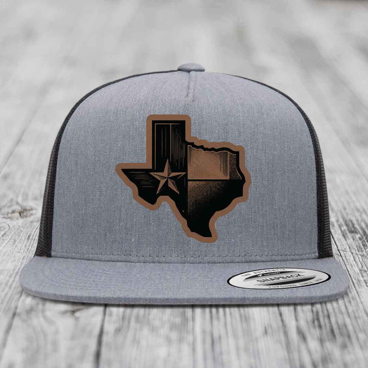 Texas Shaped Flag - Leather Patch Hat - Dark Brown to Black Patch - Yupoong 6006 Snapback Flatbill Hat