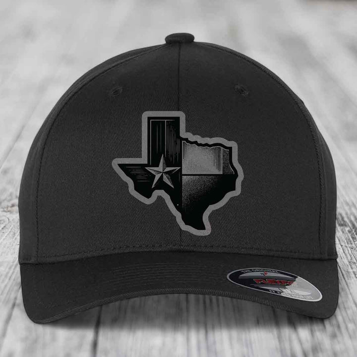 Texas Shaped Flag - Leather Patch Hat - Grey to Black Patch - Flexfit 6277 Fitted Hat